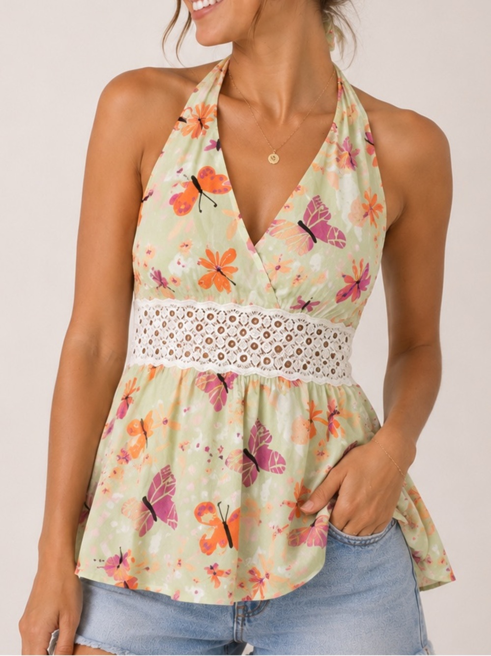 🌼Lilly Pulitzer Green and Pink Floral Halter Top